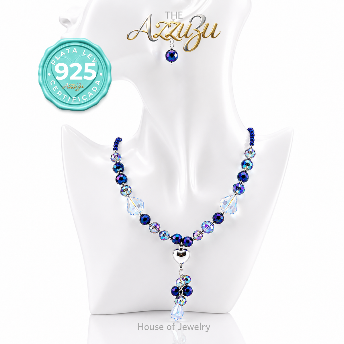 The AzzuZu Sterling Silver Natural Semi-Precious Stones & Mystic Crystals "Puffed Heart" Necklace Set