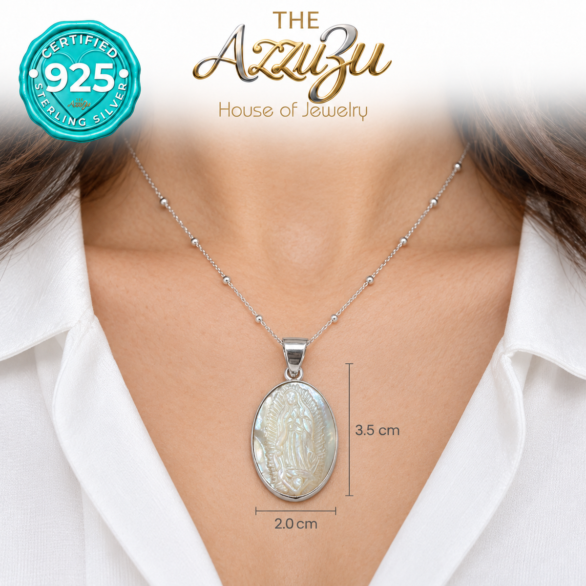 The AzzuZu Our Lady of Guadalupe Mother of Pearl Oval Pendant in .925 Sterling Silver