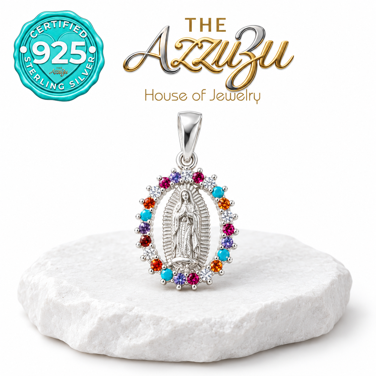 The AzzuZu Our Lady of Guadalupe Oval Multicolor Zirconia Pendant in .925 Sterling Silver