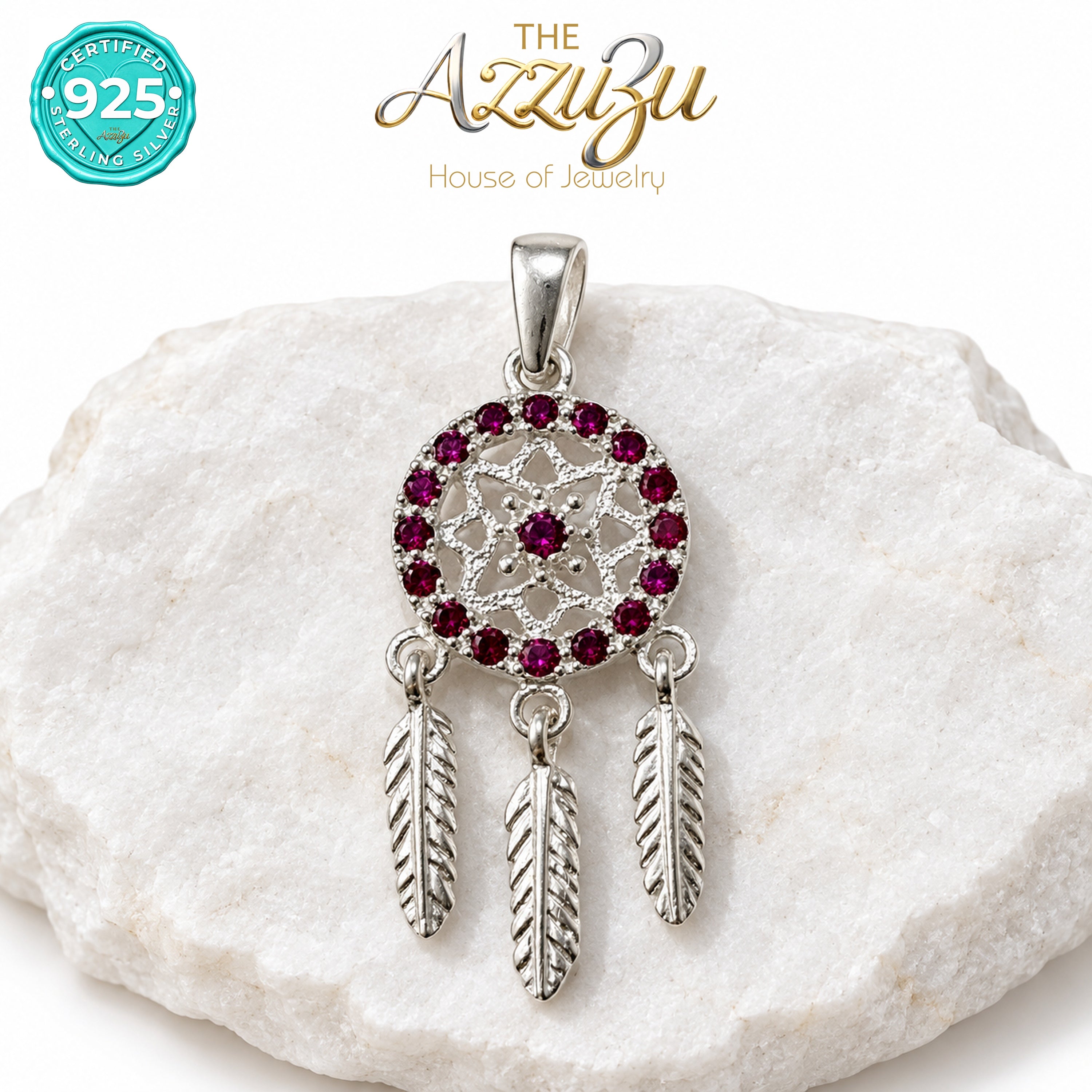 The AzzuZu Ruby-Red Zirconia Dreamcatcher Pendant in .925 Sterling Silver