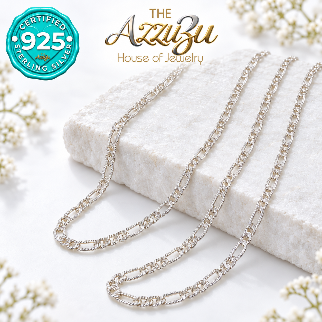 The AzzuZu Diamond-Cut Figaro Chain in .925 Sterling Silver — 3 mm