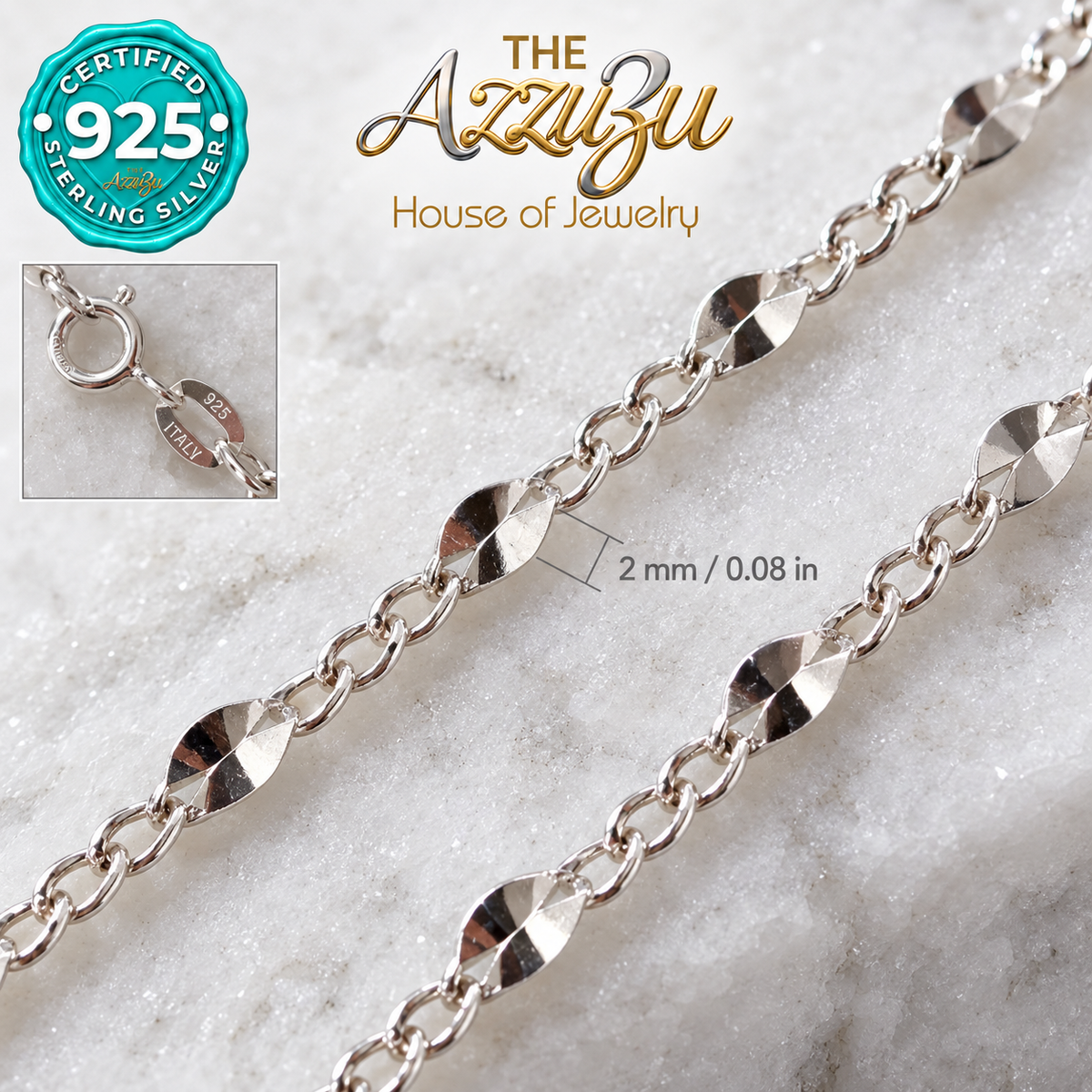 The AzzuZu Faceted Sequin Chain in .925 Sterling Silver — 2 mm