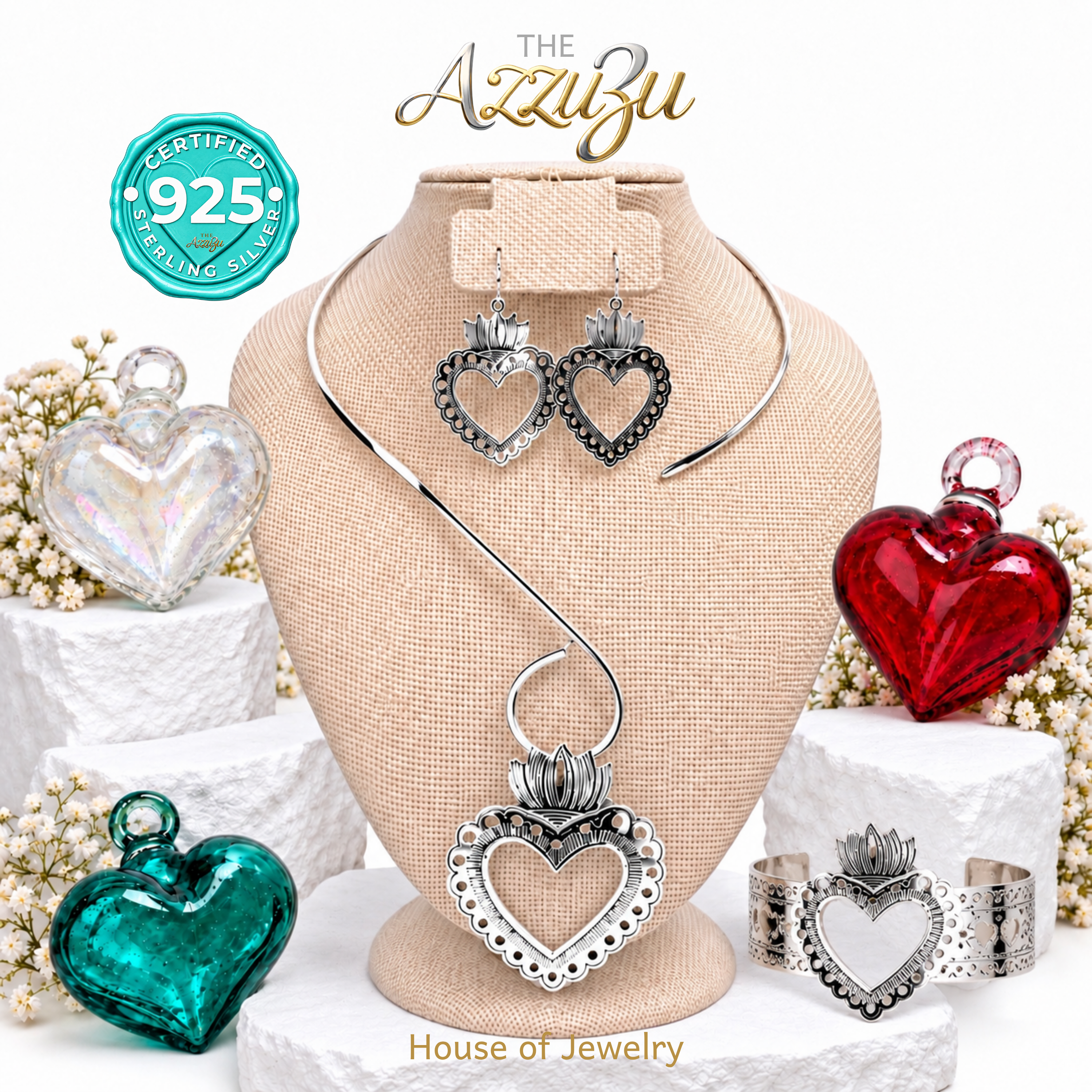 The AzzuZu Handmade 925 Sterling Silver Frida Kahlo Heart Jewelry Set | Hand-Cut Calado