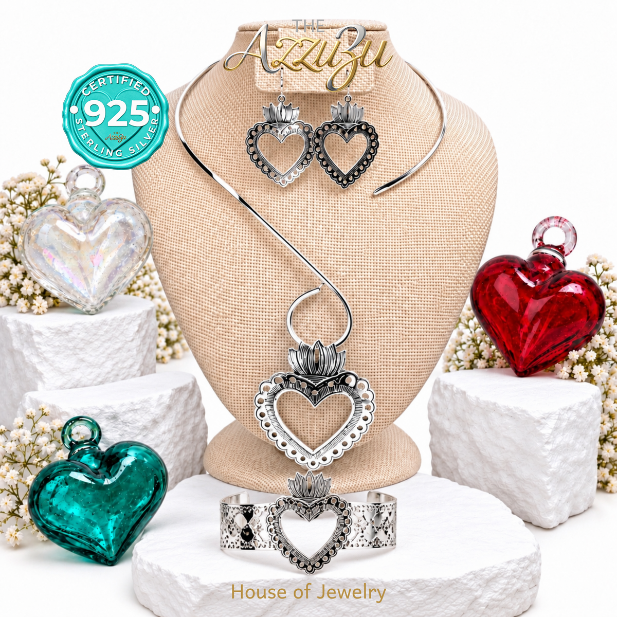 The AzzuZu Handmade 925 Sterling Silver Frida Kahlo Heart Jewelry Set | Hand-Cut Calado