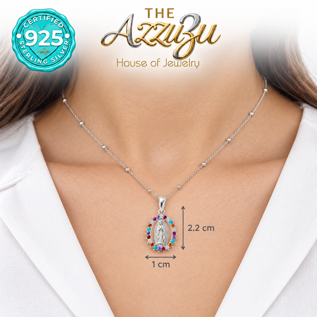 The AzzuZu Our Lady of Guadalupe Oval Multicolor Zirconia Pendant in .925 Sterling Silver