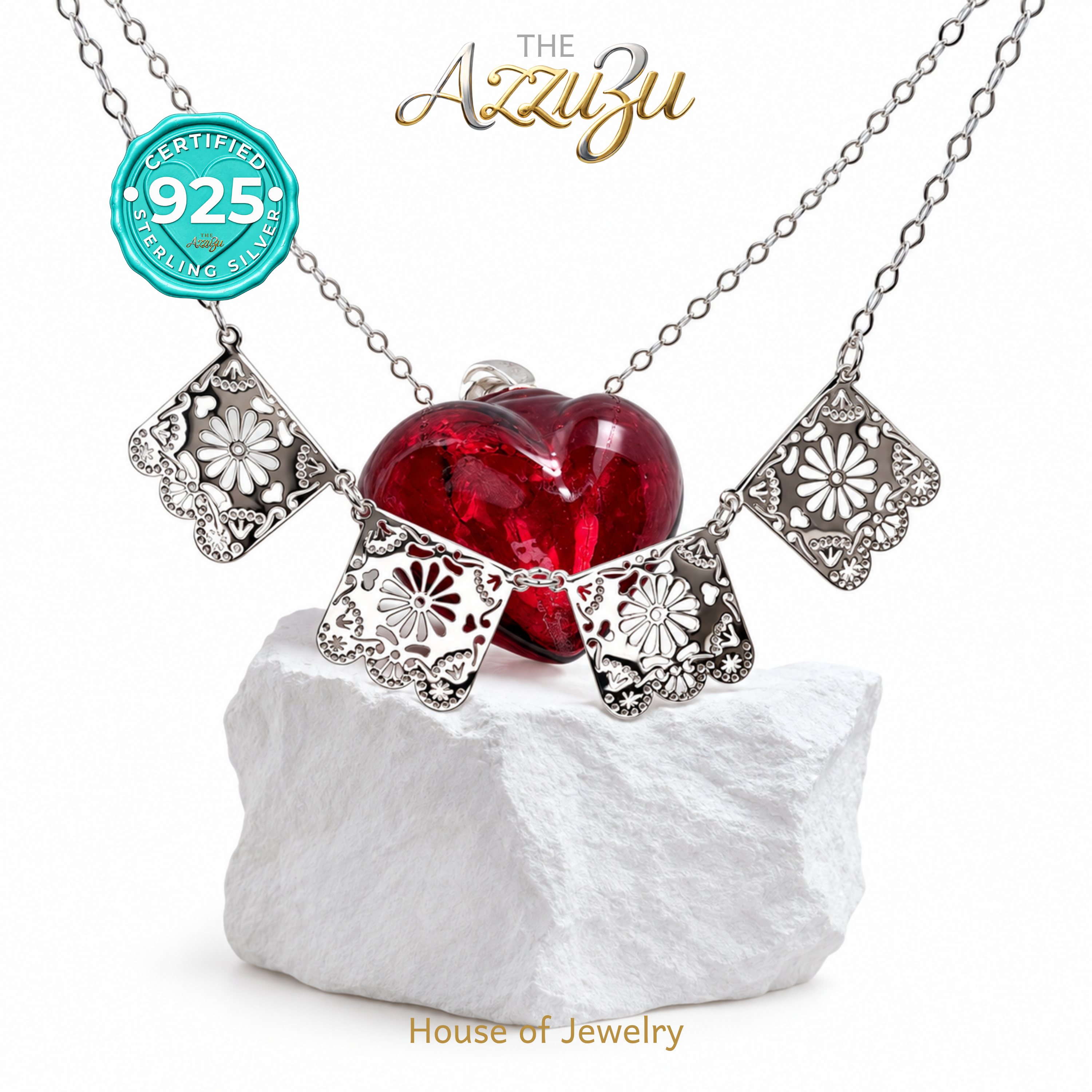 The AzzuZu Handmade 925 Sterling Silver Mexican Papel Picado Necklace | Traditional Design