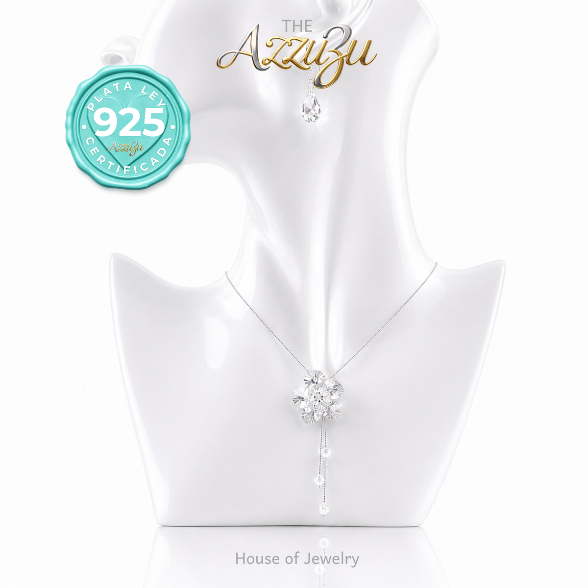 The AzzuZu 925 Sterling Silver Facetted Crystal Flower Necklace & Earrings Set