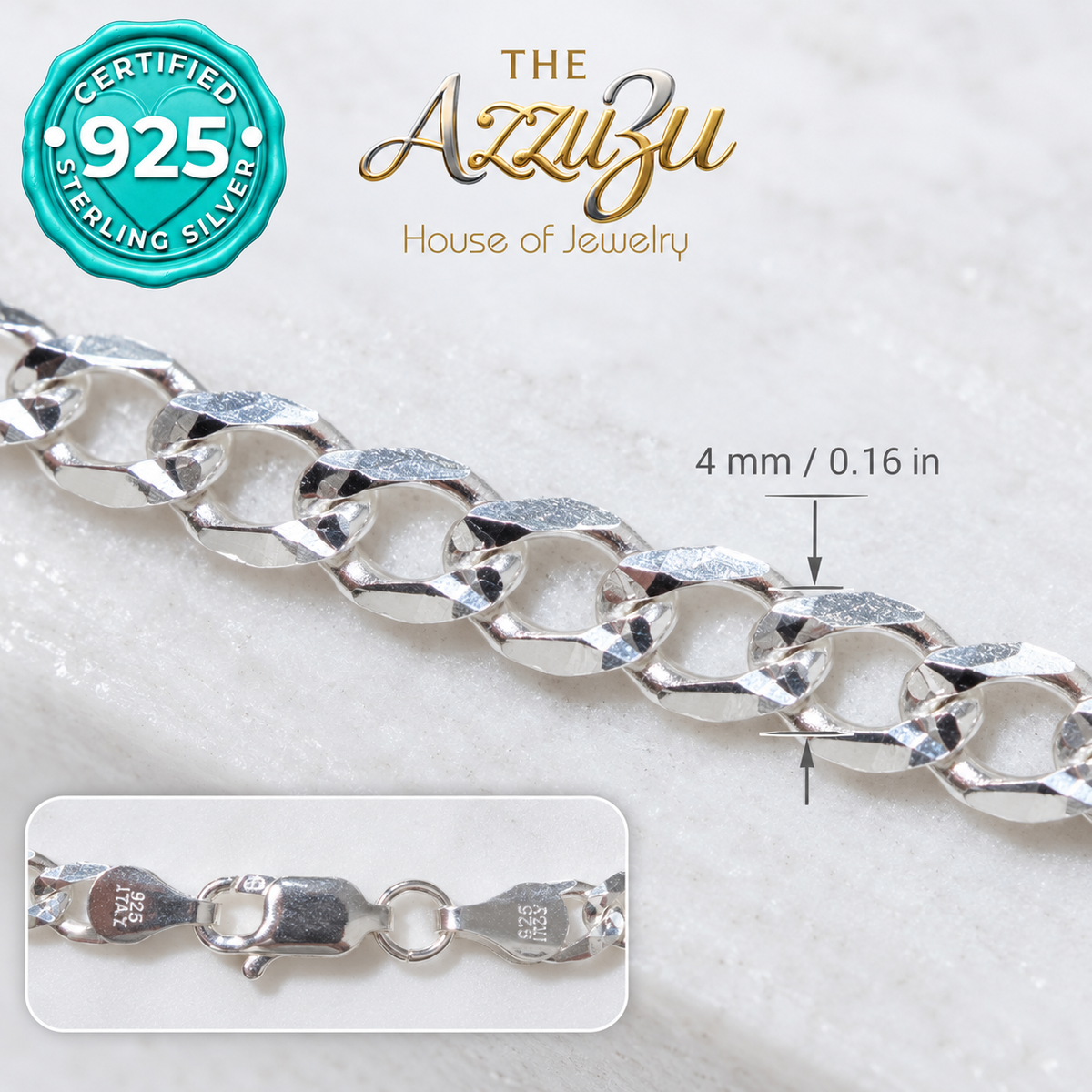 The AzzuZu Classic Diamond-Cut Cuban/Miami Link Chain in .925 Sterling Silver — 4 mm