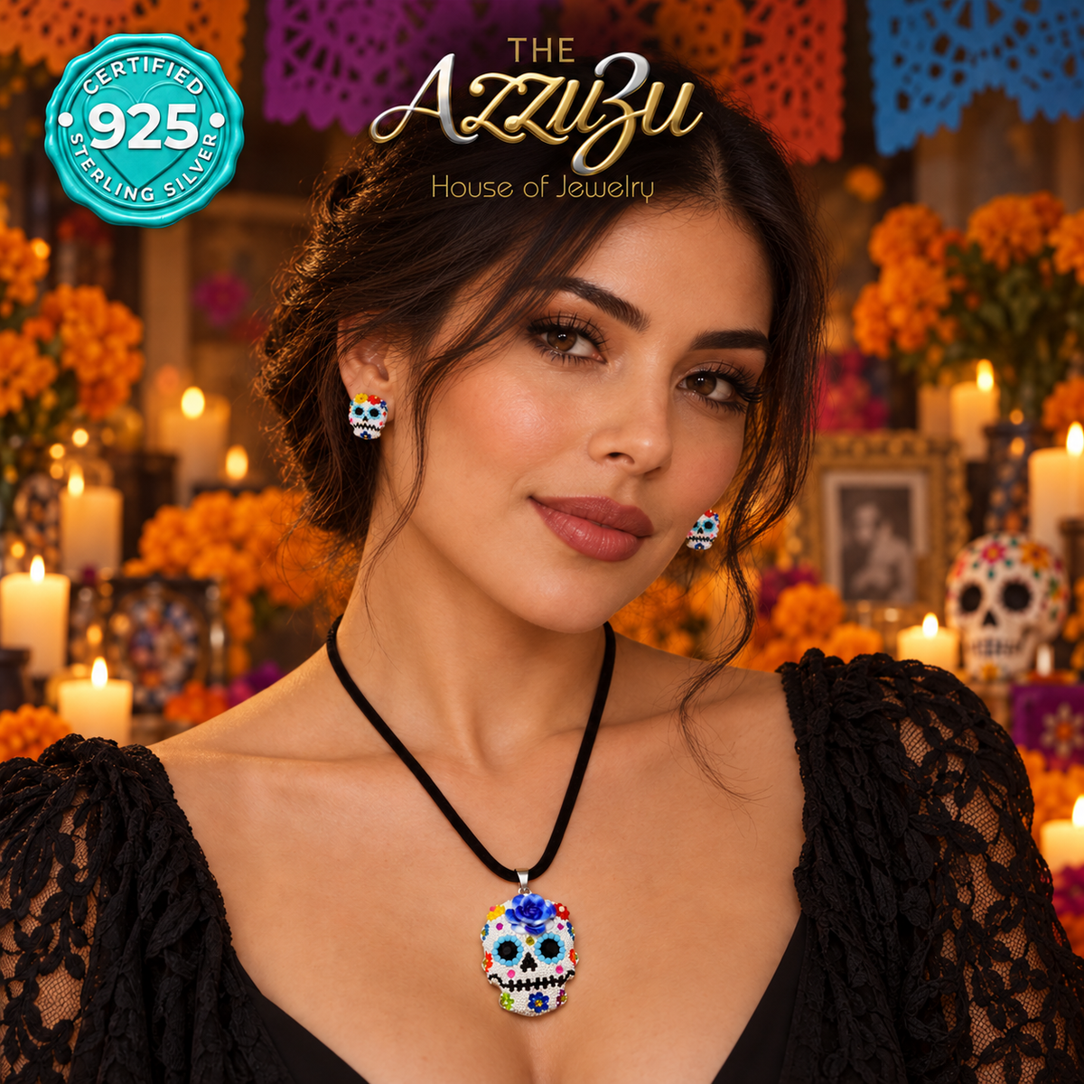 The AzzuZu Catrina Bloom White & Cobalt Blue Sugar Skull Pendant & Earring Set in .925 Sterling Silver
