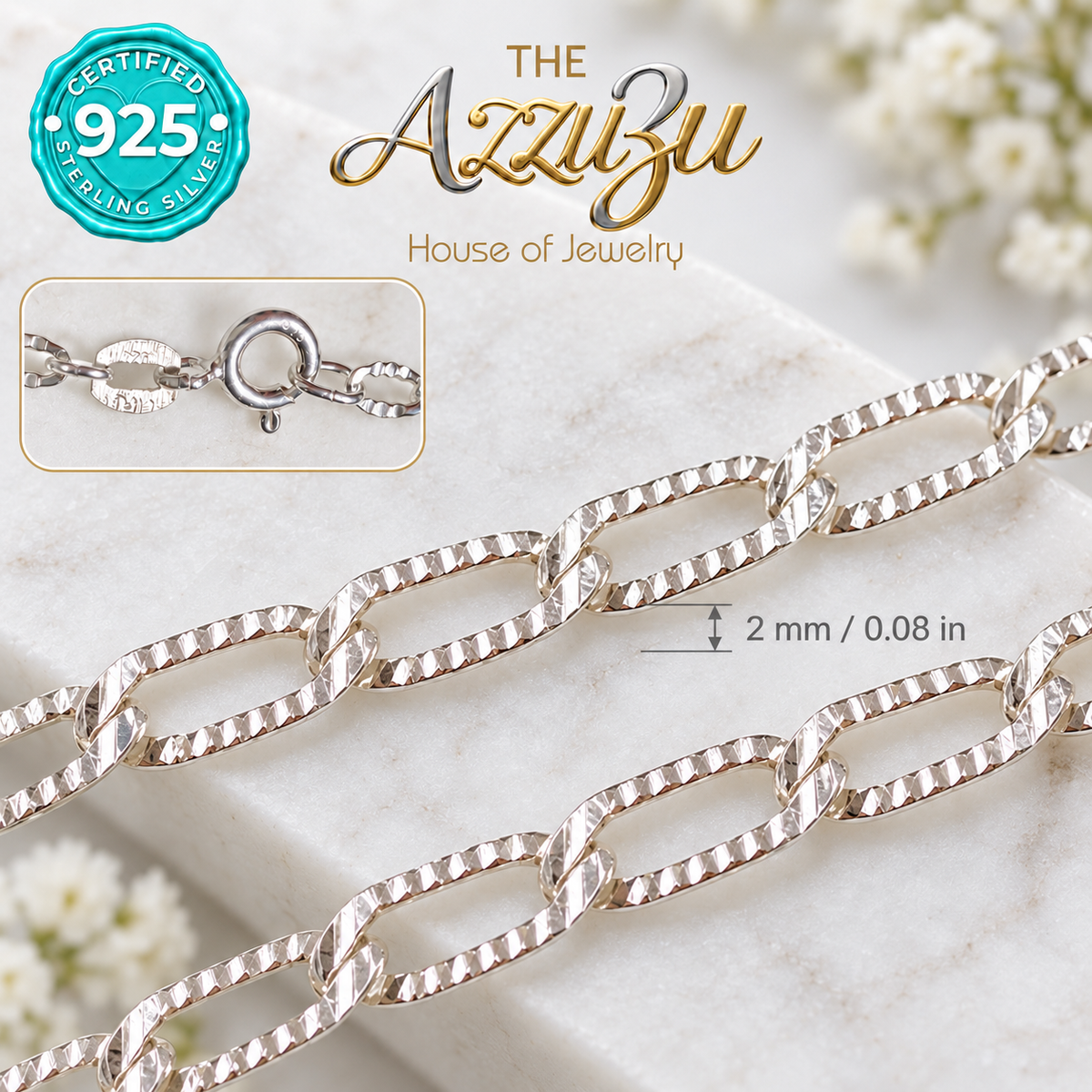 The AzzuZu Diamond-Cut Textured Oval PaperClip Chain in .925 Sterling Silver — 2 mm