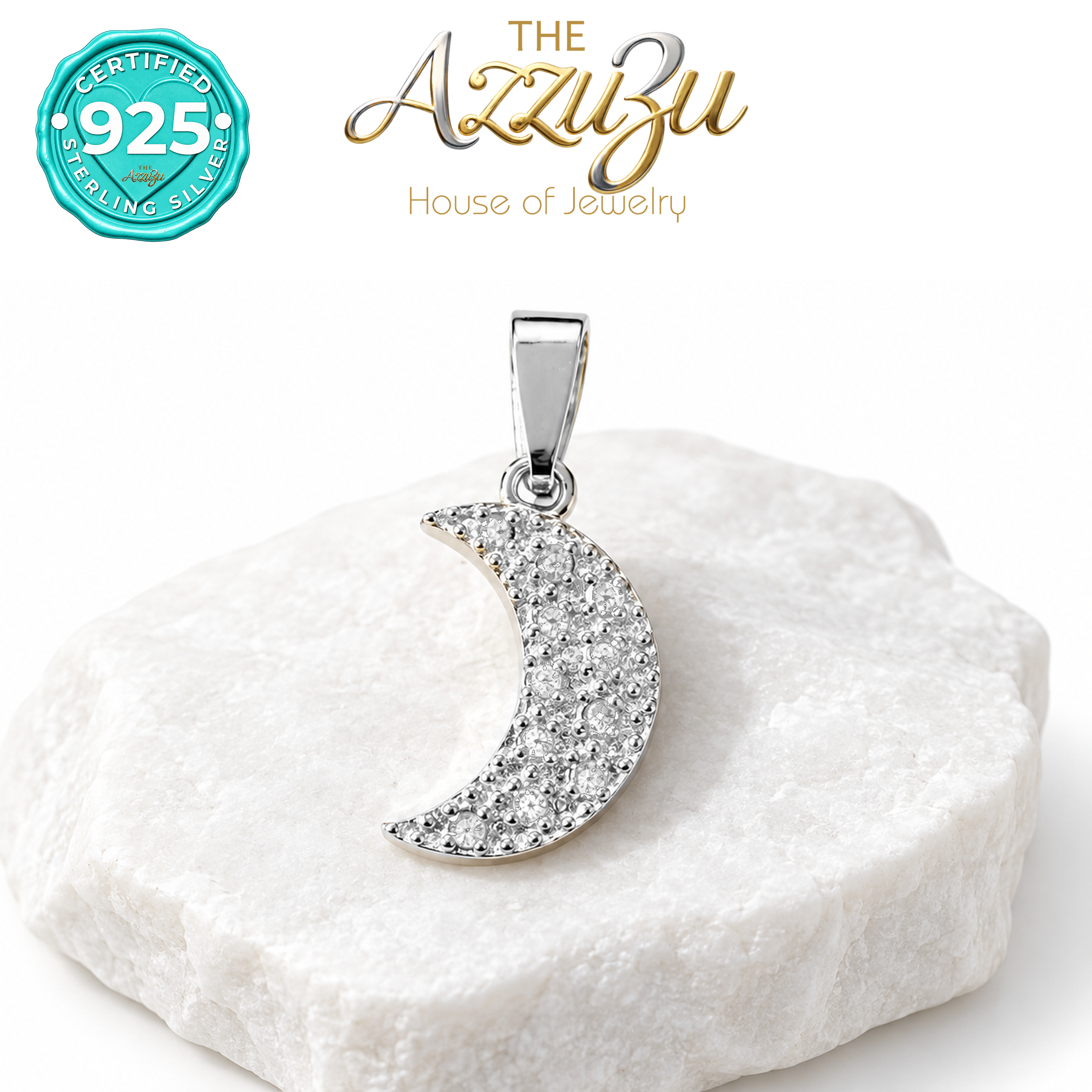 The AzzuZu Crescent Moon Zirconia Pendant in .925 Sterling Silver
