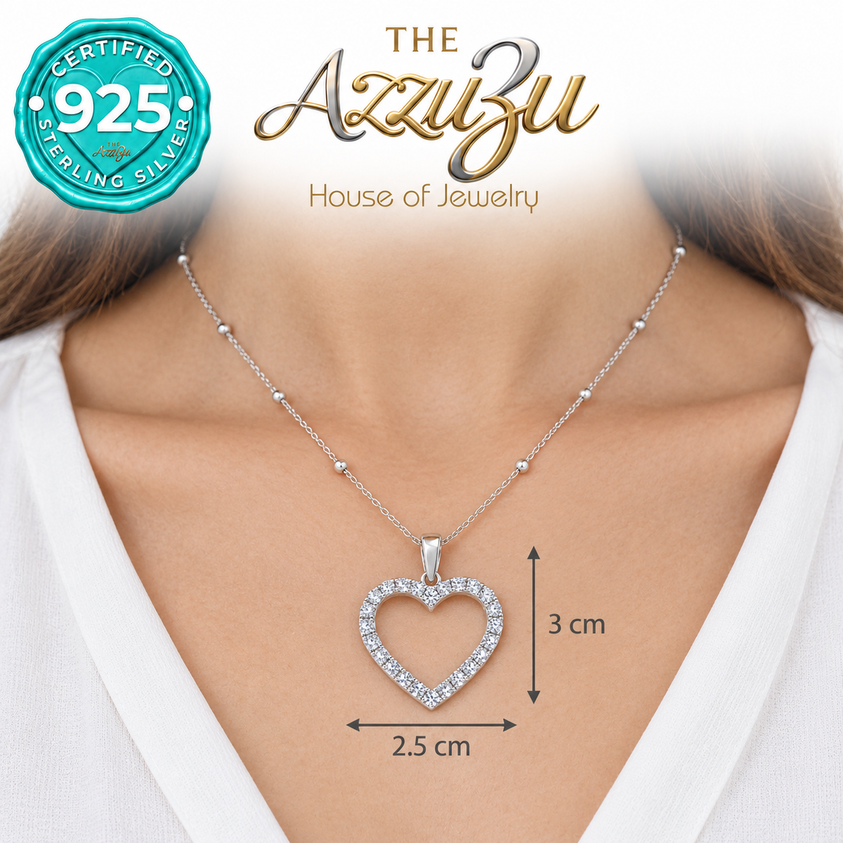 The AzzuZu Sparkling Open Heart Pendant in .925 Sterling Silver