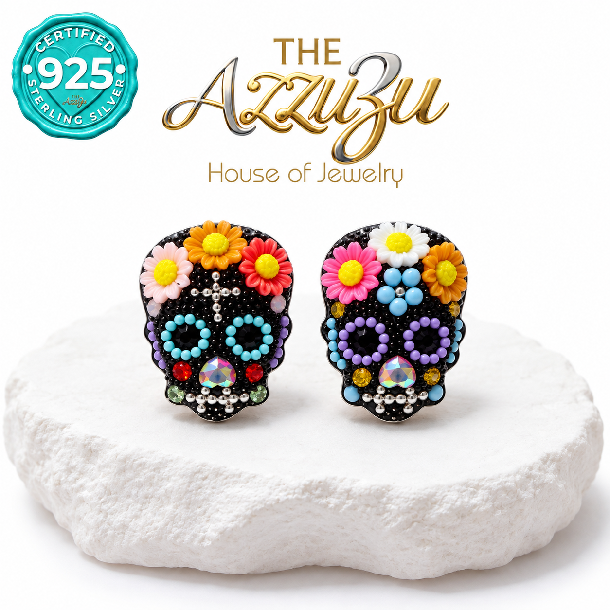 The AzzuZu Catrina Fiesta Black & Multicolor Sugar Skull Stud Earrings in .925 Sterling Silver