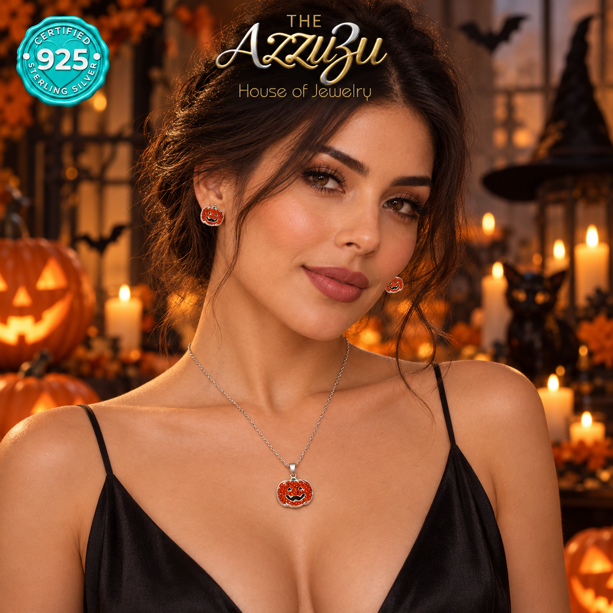 The AzzuZu Pumpkin Glow Orange Zirconia Necklace & Earring Set in .925 Sterling Silver
