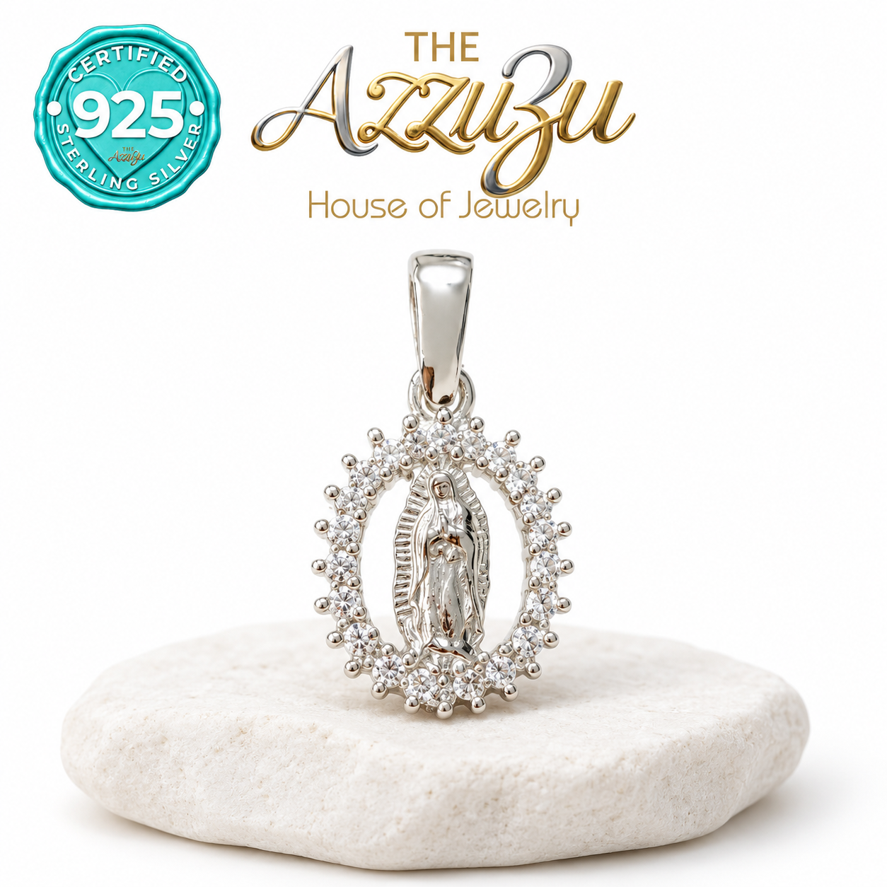 The AzzuZu Our Lady of Guadalupe Oval Zirconia Pendant in .925 Sterling Silver