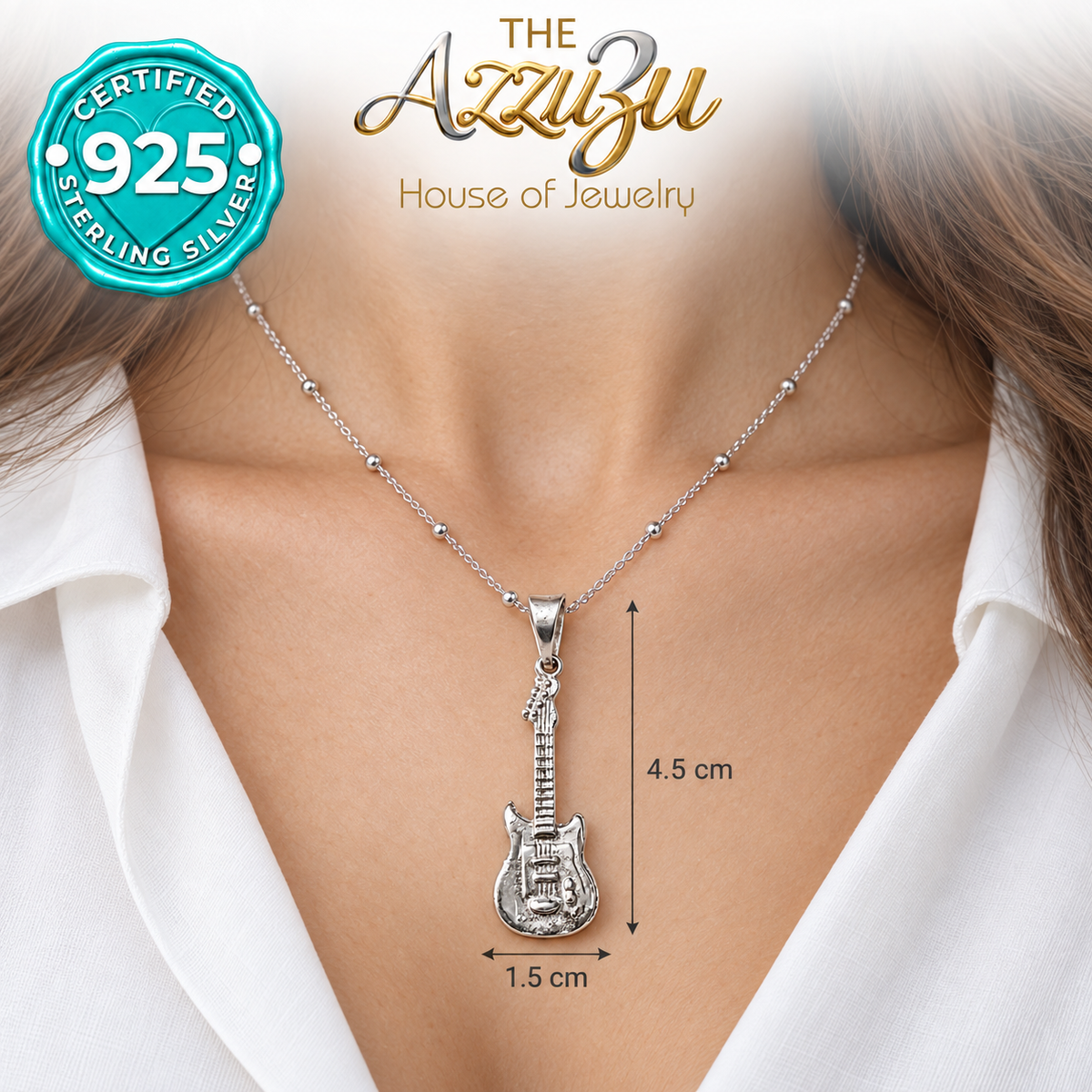 The AzzuZu Electric Guitar Pendant in .925 Sterling Silver
