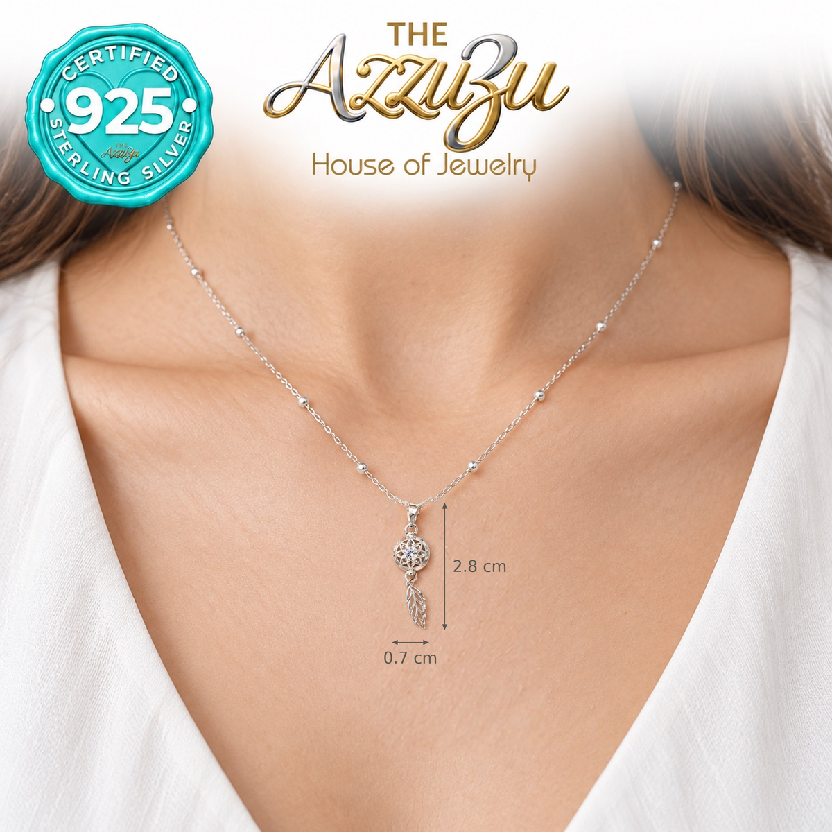 The AzzuZu Dreamcatcher Feather Pendant in .925 Sterling Silver