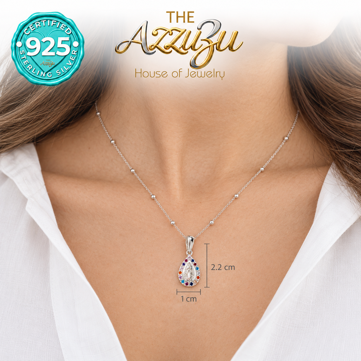 The AzzuZu Our Lady of Guadalupe Teardrop Multicolor Zirconia Pendant in .925 Sterling Silver