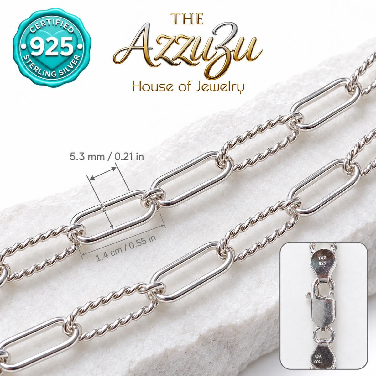 The AzzuZu Radiant Elegance Paperclip Chain in .925 Sterling Silver — 5.3 mm