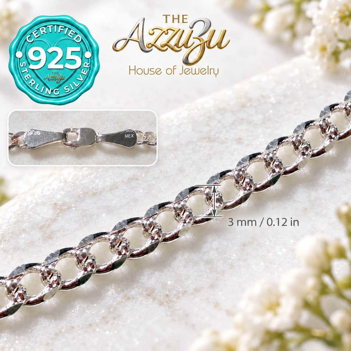 The AzzuZu Diamond-Cut Cuban Link Chain in .925 Sterling Silver — 3 mm