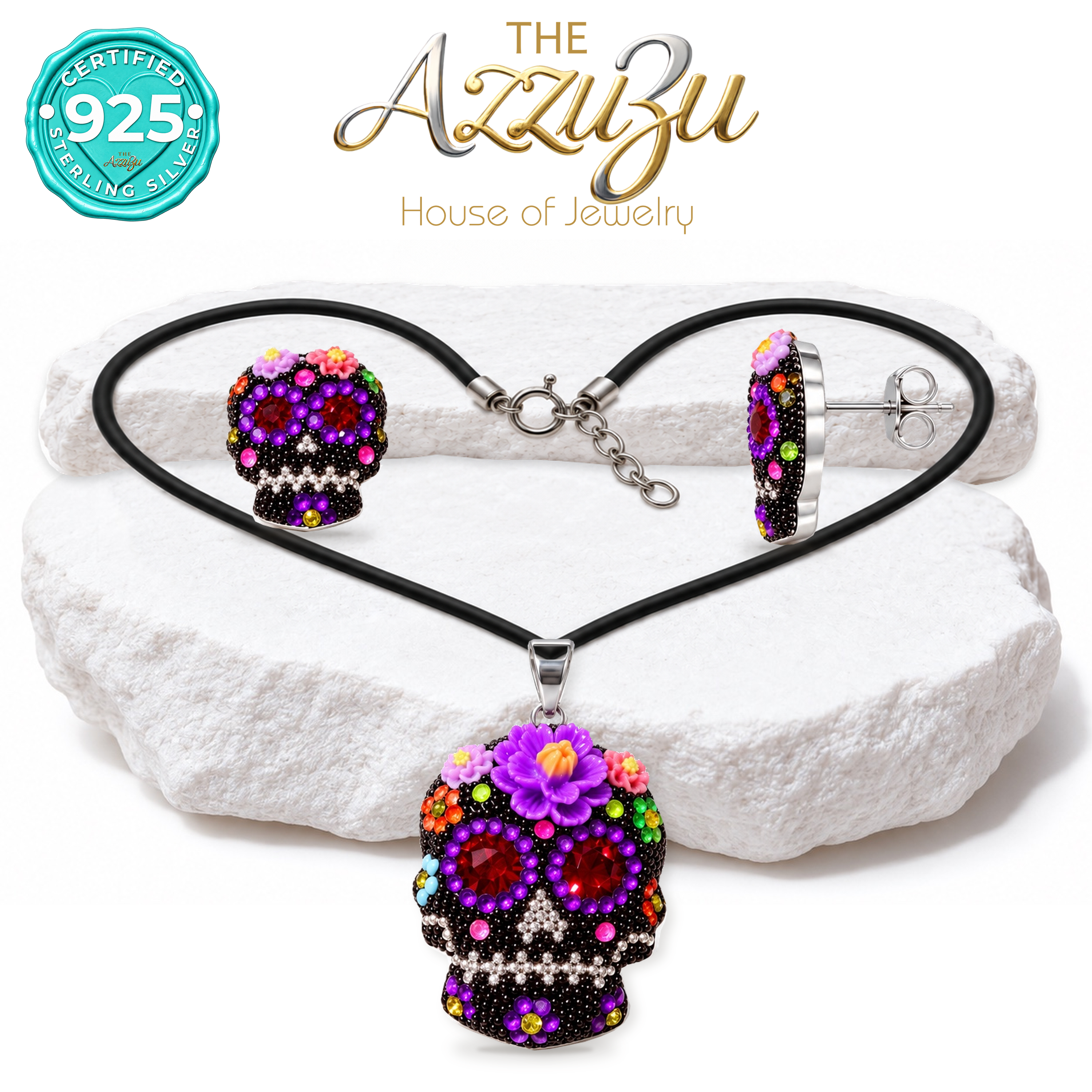The AzzuZu Catrina Bloom Purple & Red Sugar Skull Pendant & Earring Set in .925 Sterling Silver