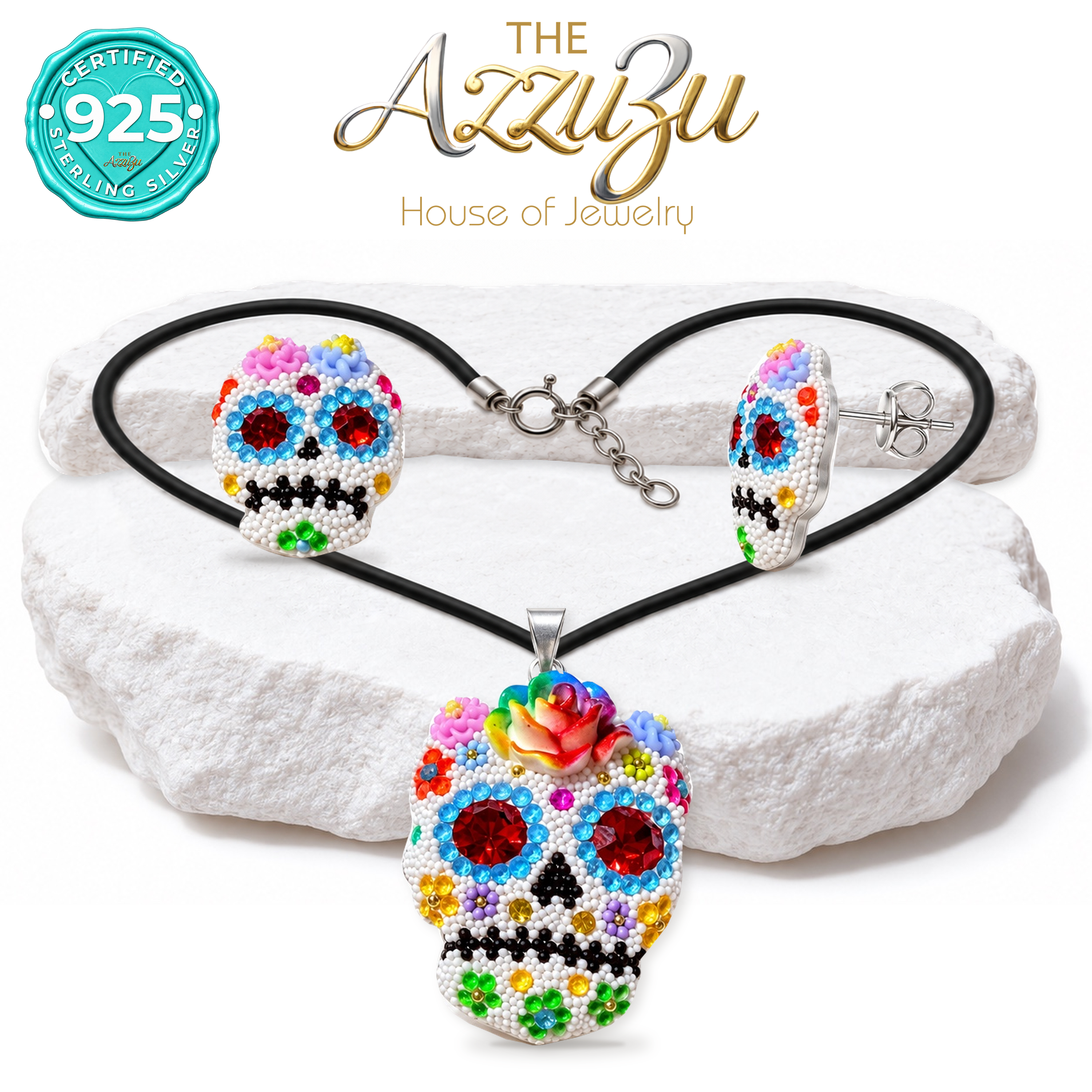 The AzzuZu Catrina Bloom White & Turquoise Blue Sugar Skull Pendant & Earring Set in .925 Sterling Silver