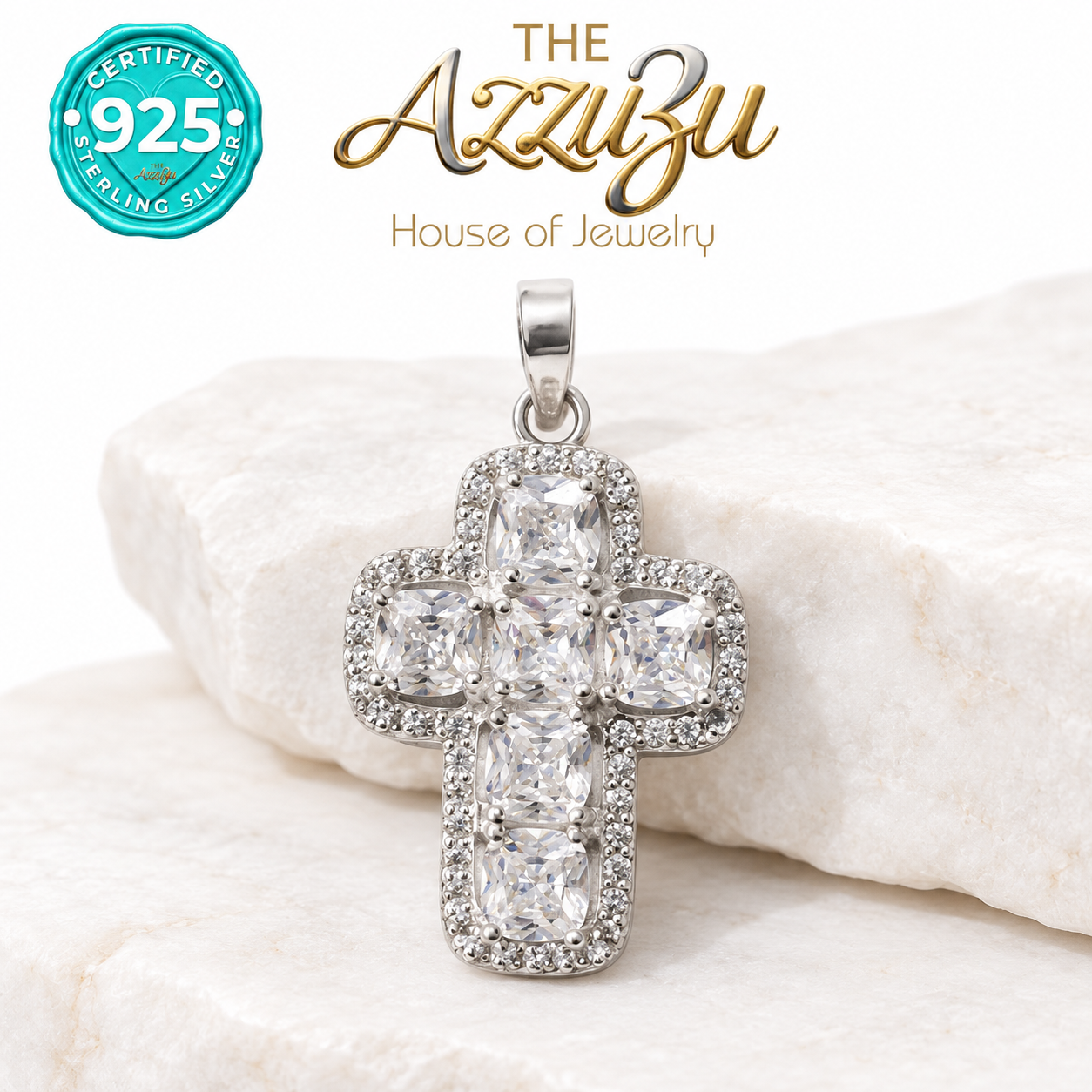 The AzzuZu Radiant Zirconia Cross Pendant in .925 Sterling Silver