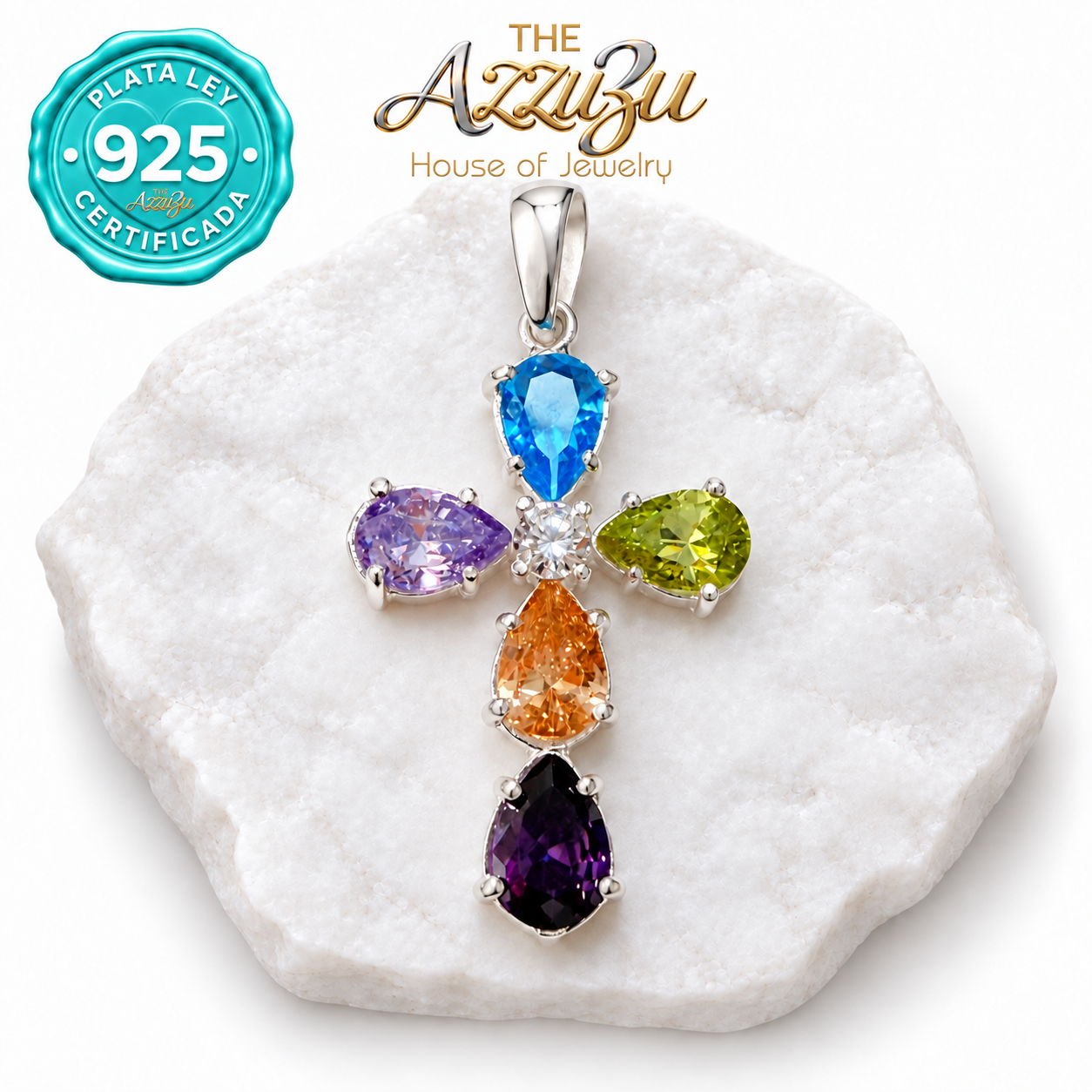 The AzzuZu Multicolor Zirconia Cross Pendant in .925 Sterling Silver