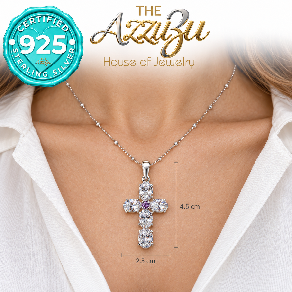 The AzzuZu Oval Zirconia Cross Pendant in .925 Sterling Silver