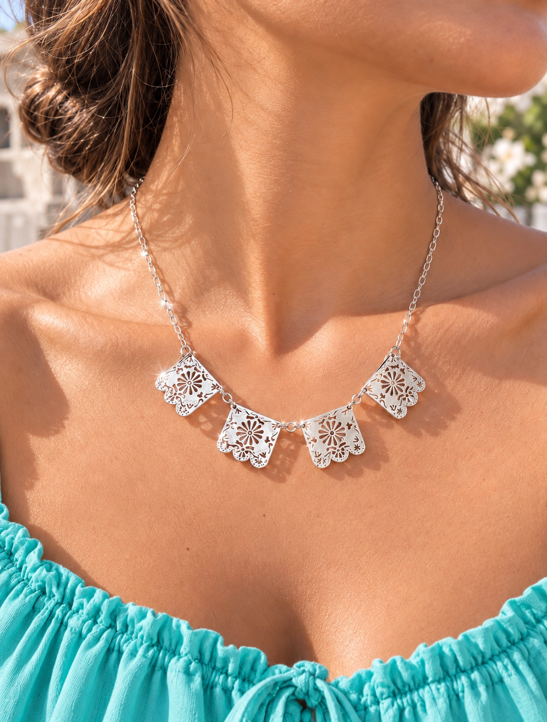 The AzzuZu Handmade 925 Sterling Silver Mexican Papel Picado Necklace | Traditional Design