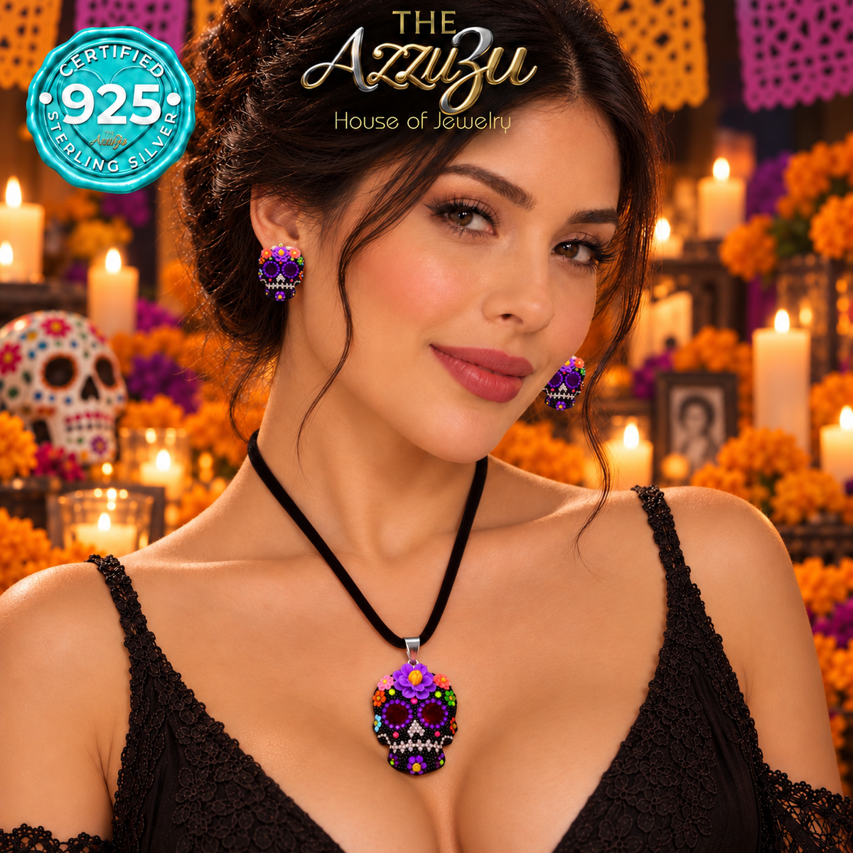 The AzzuZu Catrina Bloom Purple & Red Sugar Skull Pendant & Earring Set in .925 Sterling Silver
