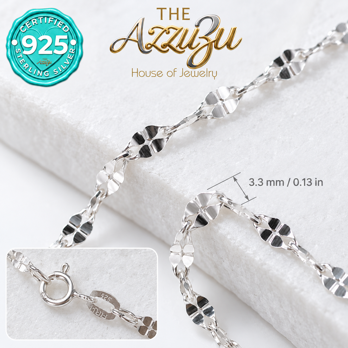 The AzzuZu Cloverleaf Chain in .925 Sterling Silver — 3.3 mm