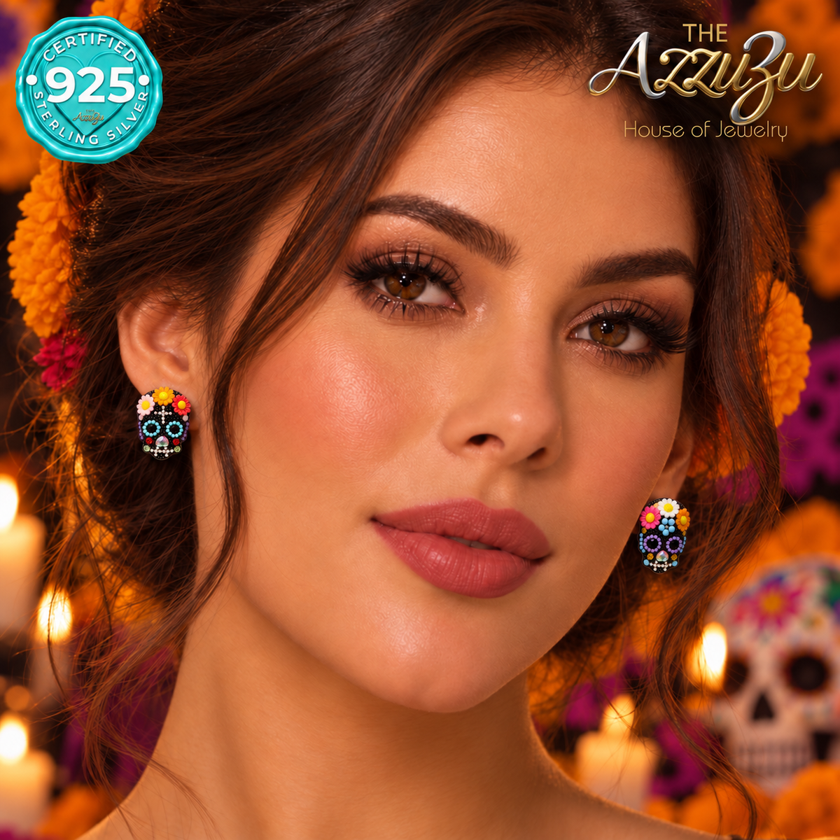 The AzzuZu Catrina Fiesta Black & Multicolor Sugar Skull Stud Earrings in .925 Sterling Silver