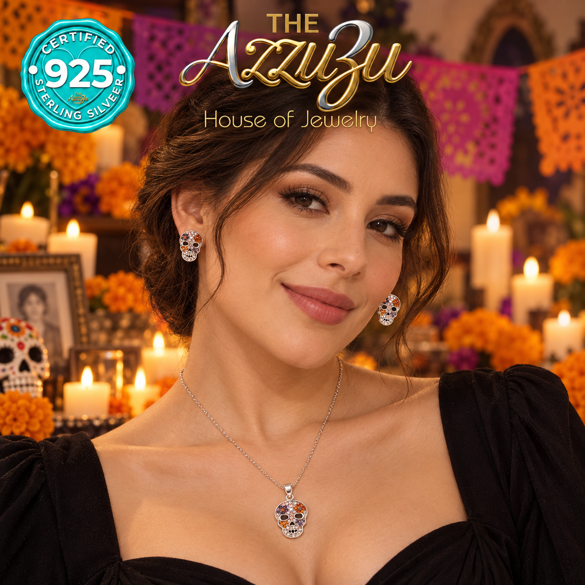The AzzuZu Catrina Sparkle Orange & Purple Sugar Skull Necklace & Earring Set in .925 Sterling Silver