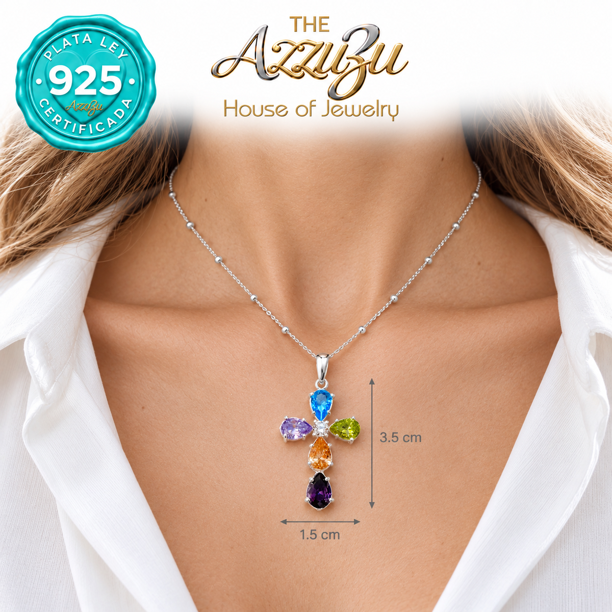 The AzzuZu Multicolor Zirconia Cross Pendant in .925 Sterling Silver