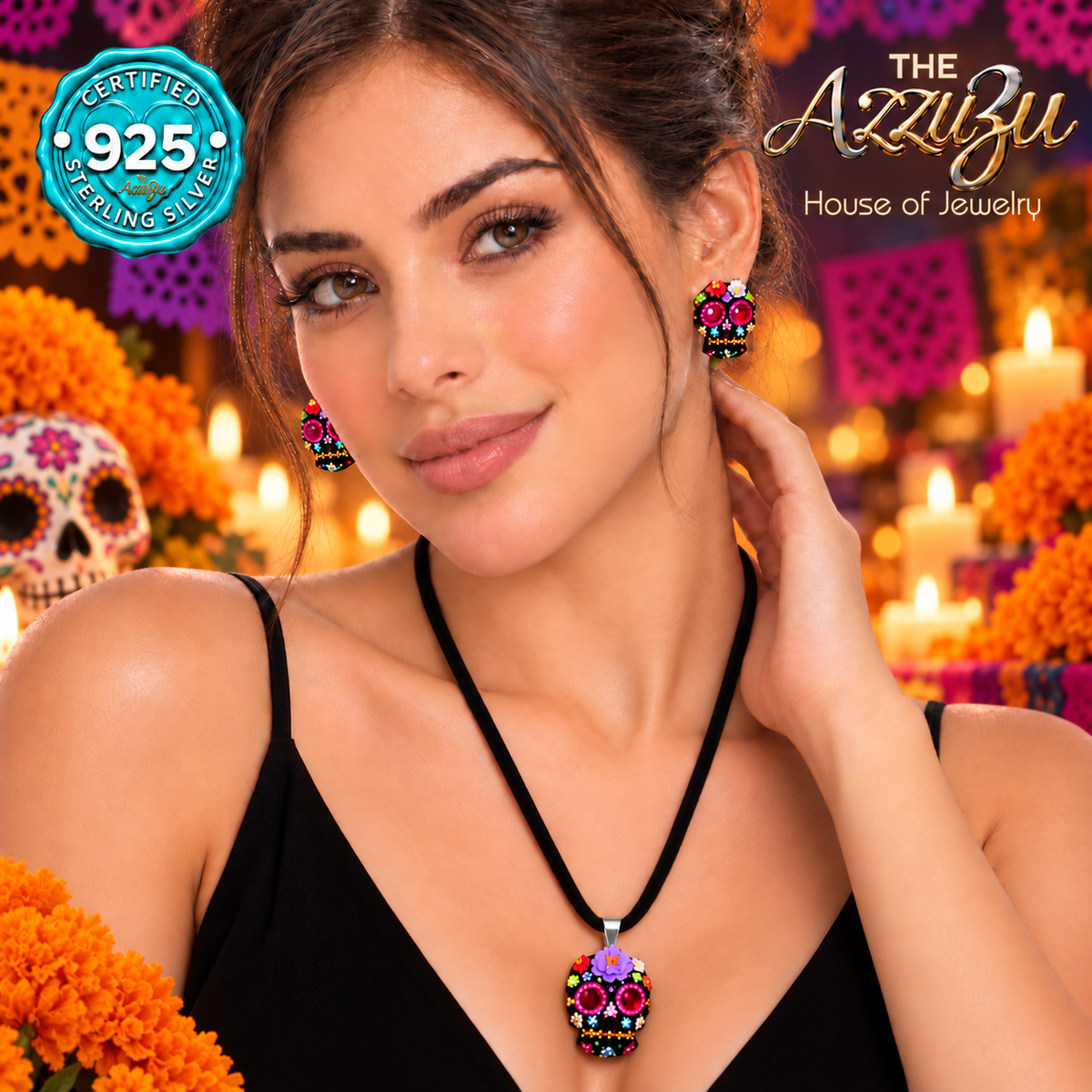 The AzzuZu Catrina Bloom Black & Fuchsia Sugar Skull Pendant & Earring Set in .925 Sterling Silver