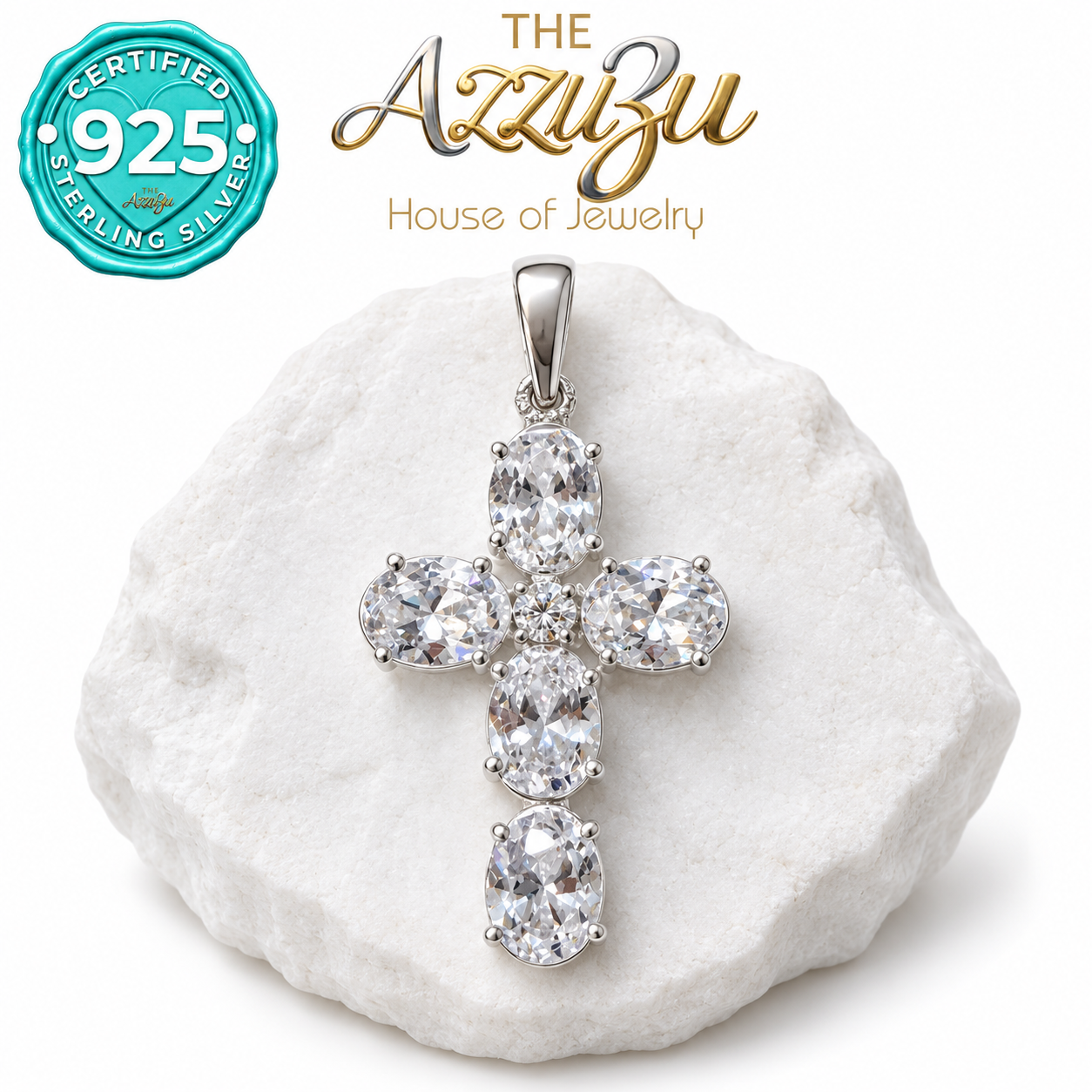 The AzzuZu Oval Zirconia Cross Pendant in .925 Sterling Silver