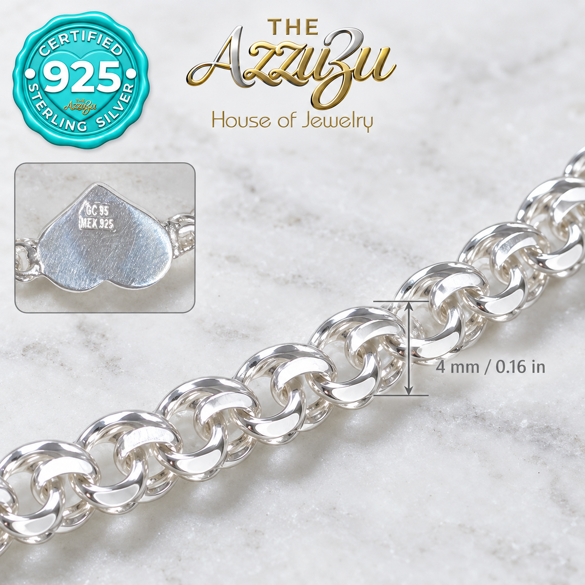 The AzzuZu Puffed Heart Chino Link Necklace in .925 Sterling Silver - 4mm