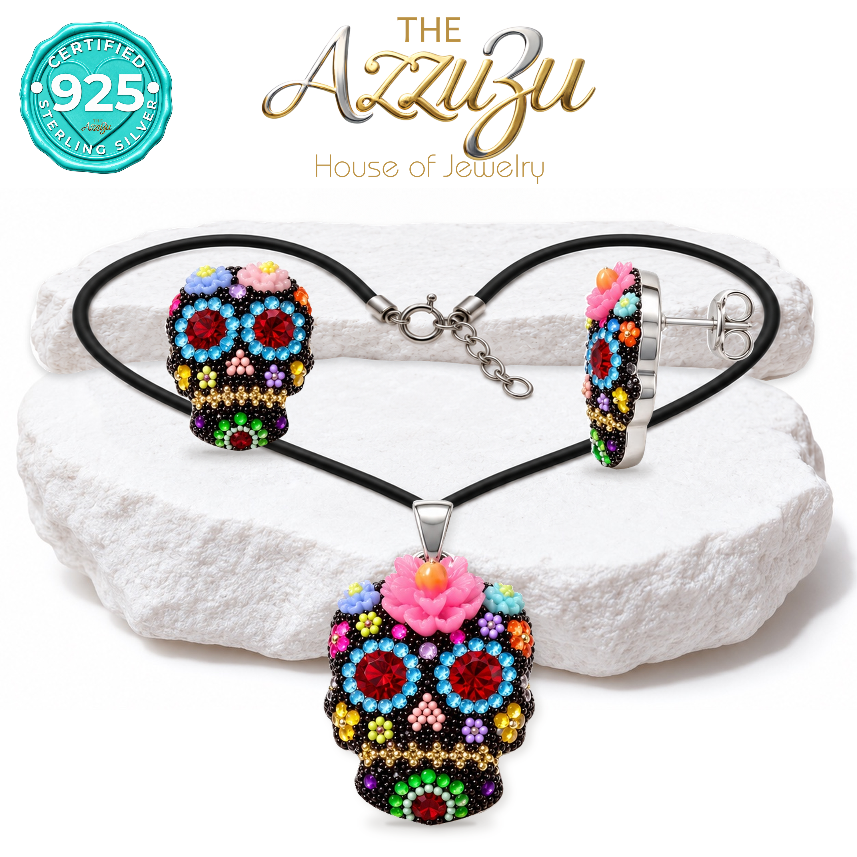 The AzzuZu Catrina Bloom Turquoise Blue & Red Sugar Skull Pendant & Earring Set in .925 Sterling Silver