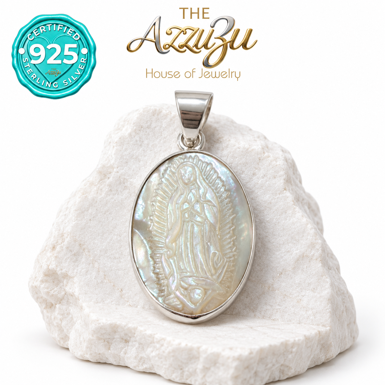 The AzzuZu Our Lady of Guadalupe Mother of Pearl Oval Pendant in .925 Sterling Silver