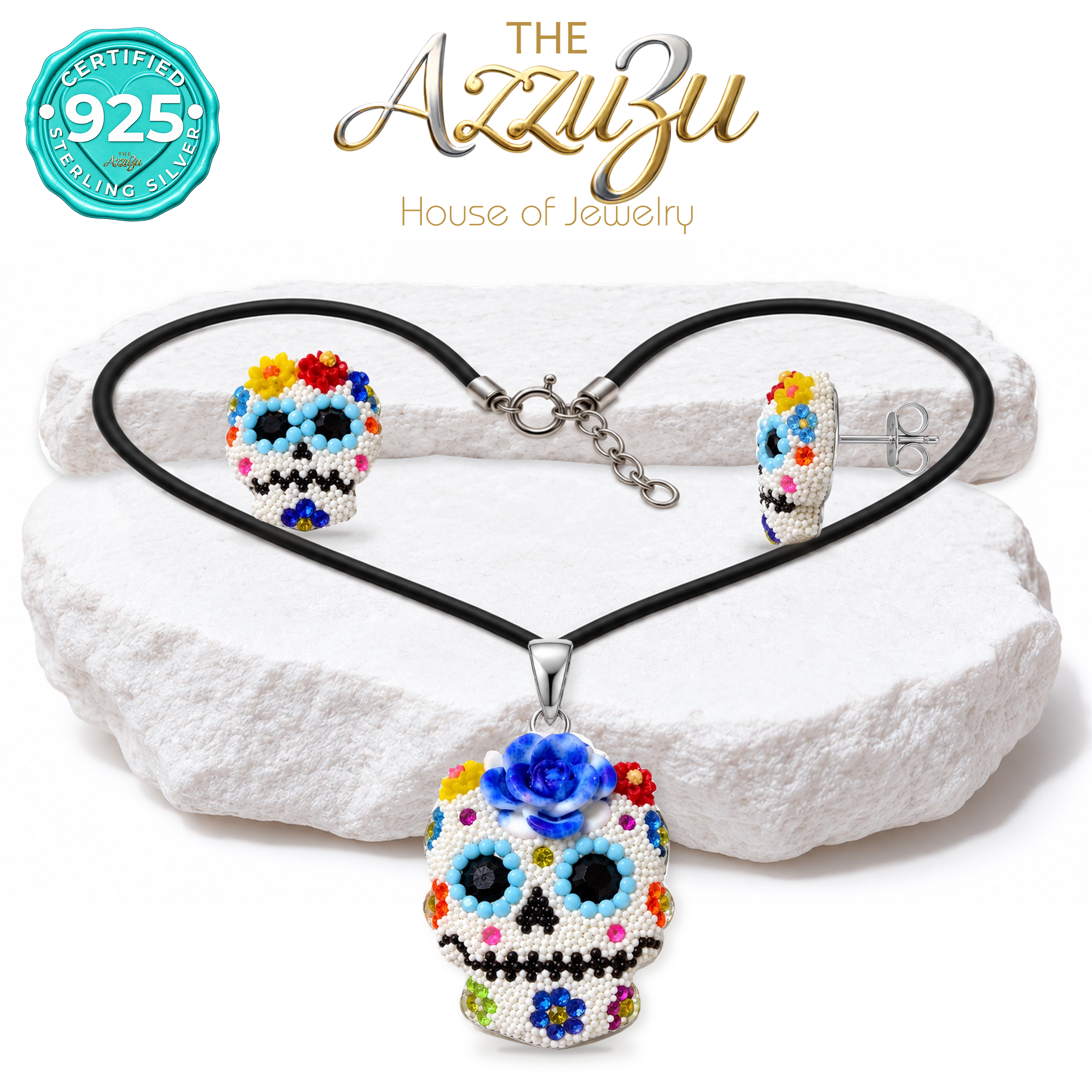 The AzzuZu Catrina Bloom White & Cobalt Blue Sugar Skull Pendant & Earring Set in .925 Sterling Silver