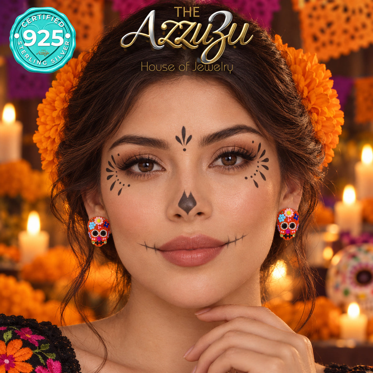 The AzzuZu Catrina Fiesta Orange & Pink Sugar Skull Stud Earrings in .925 Sterling Silver