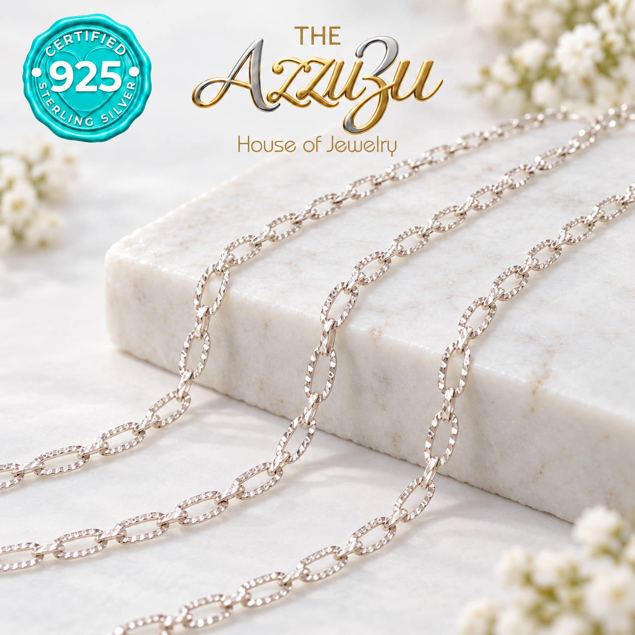 The AzzuZu Diamond-Cut Textured Oval PaperClip Chain in .925 Sterling Silver — 2 mm