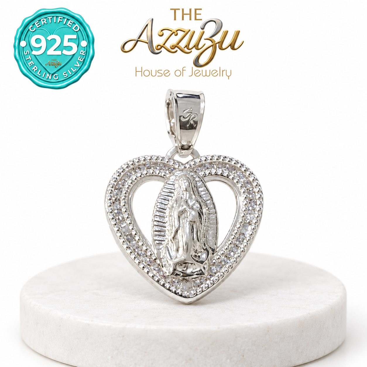 The AzzuZu Our Lady of Guadalupe Heart Zirconia Pendant in .925 Sterling Silver