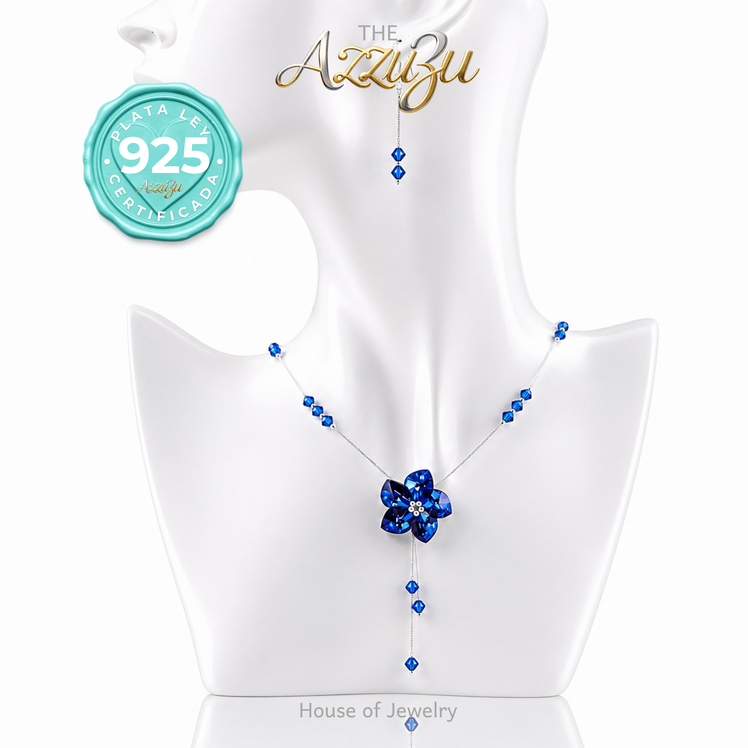 The AzzuZu 925 Sterling Silver Facetted Crystal Flower Necklace & Earrings Set