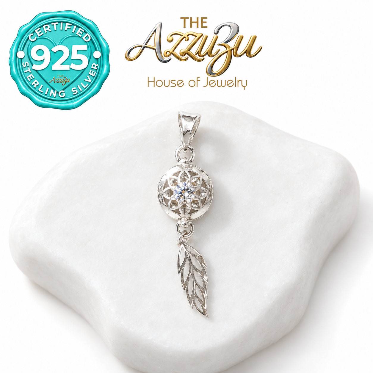 The AzzuZu Dreamcatcher Feather Pendant in .925 Sterling Silver
