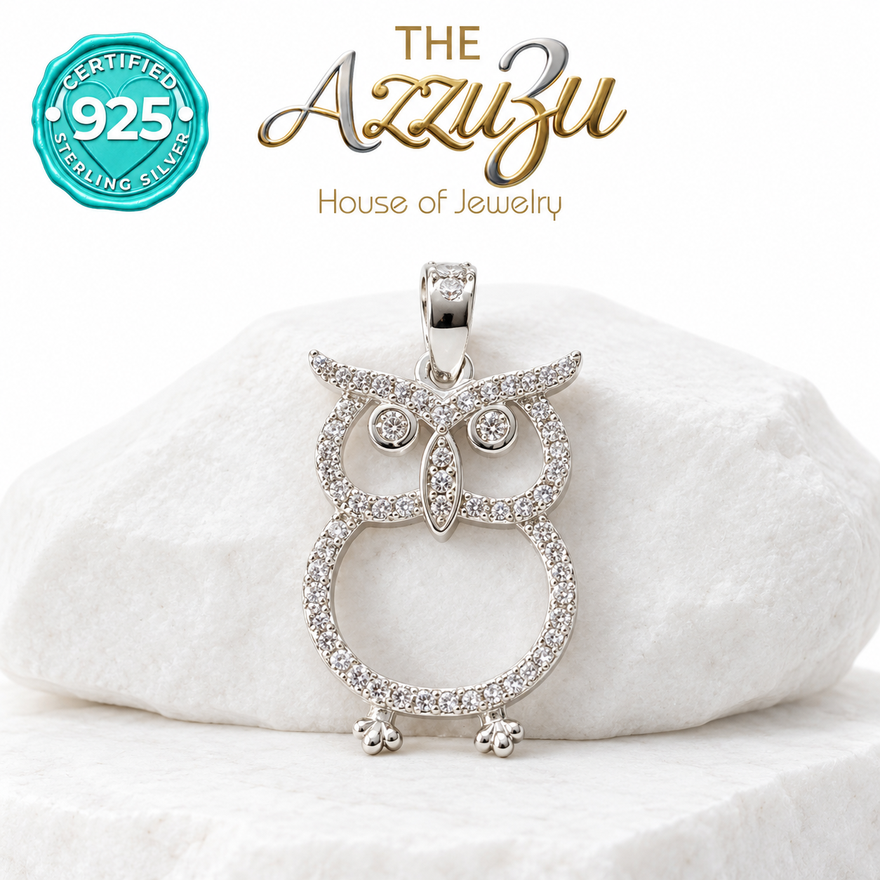 The AzzuZu Openwork Owl Zirconia Pendant in .925 Sterling Silver
