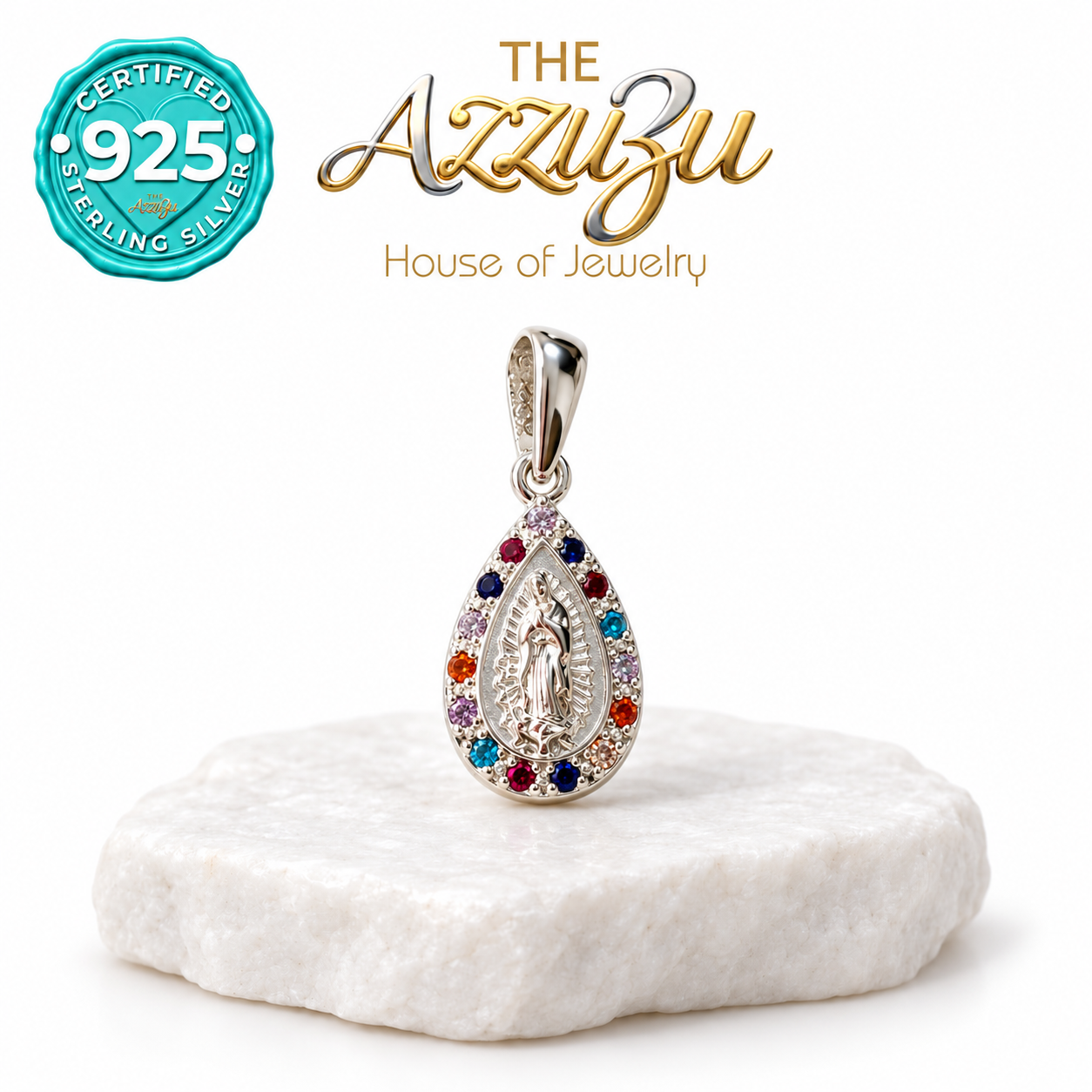 The AzzuZu Our Lady of Guadalupe Teardrop Multicolor Zirconia Pendant in .925 Sterling Silver