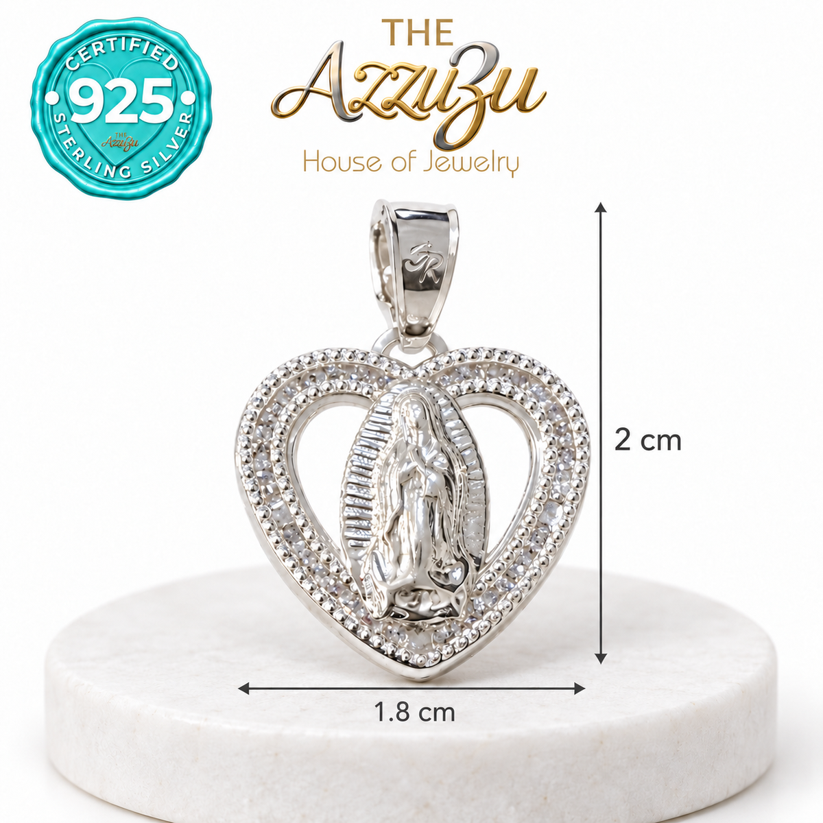 The AzzuZu Our Lady of Guadalupe Heart Zirconia Pendant in .925 Sterling Silver