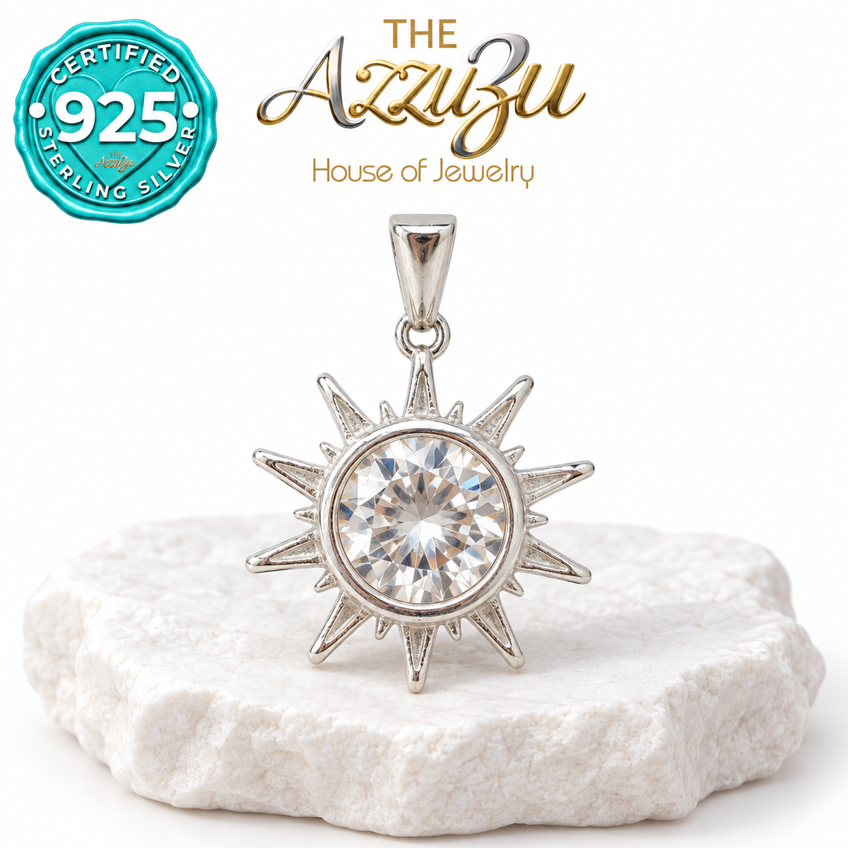 The AzzuZu Sunburst Zirconia Pendant in .925 Sterling Silver